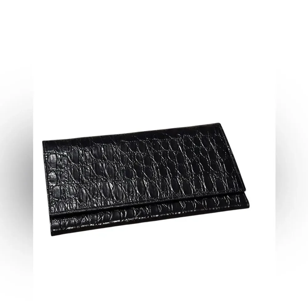 Black Croc-Embossed Black Leather Long Wallet NWOT